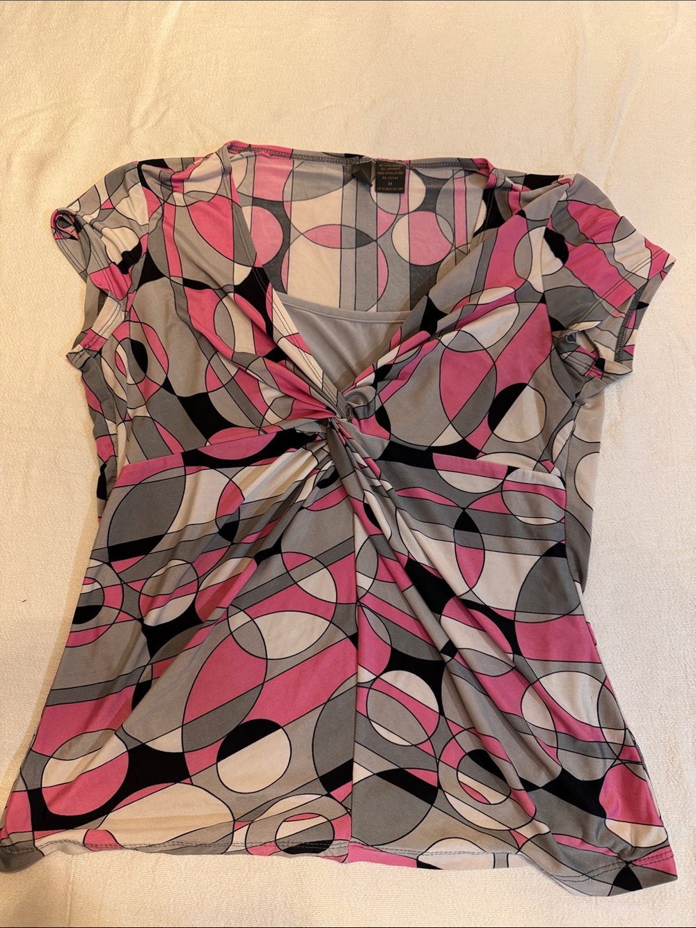 Women's Pink & Gray Twist-Front Geometric Short Sleeve Top